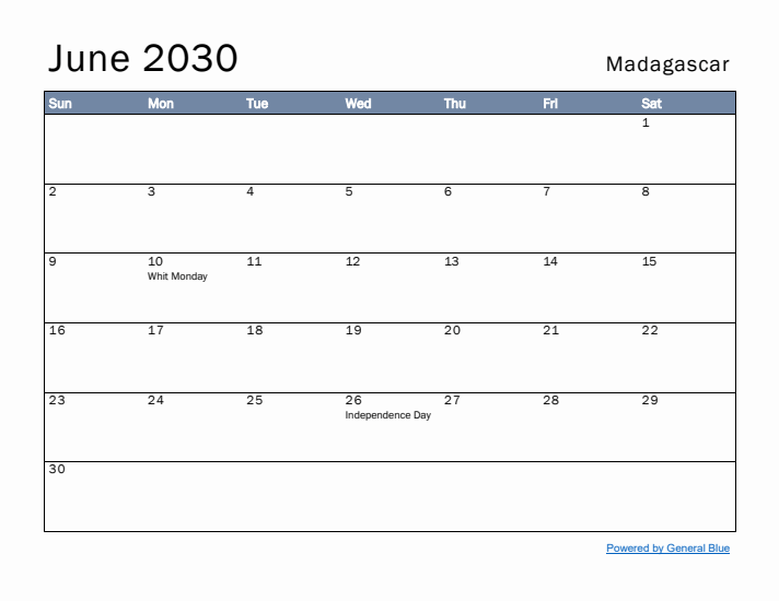 June 2030 Simple Monthly Calendar for Madagascar