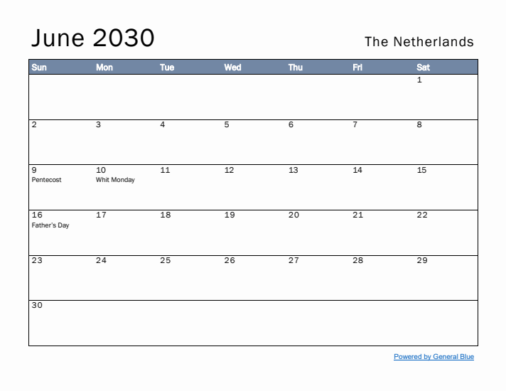 June 2030 Simple Monthly Calendar for The Netherlands