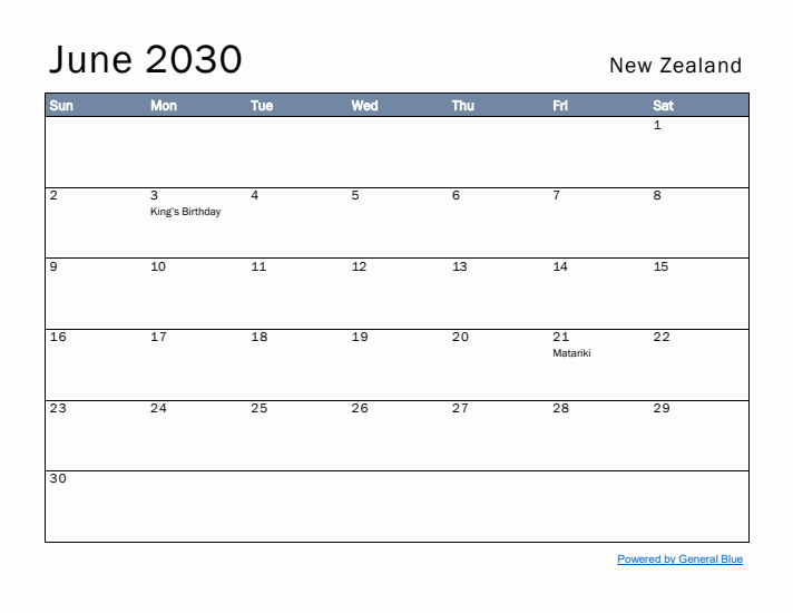 June 2030 Simple Monthly Calendar for New Zealand