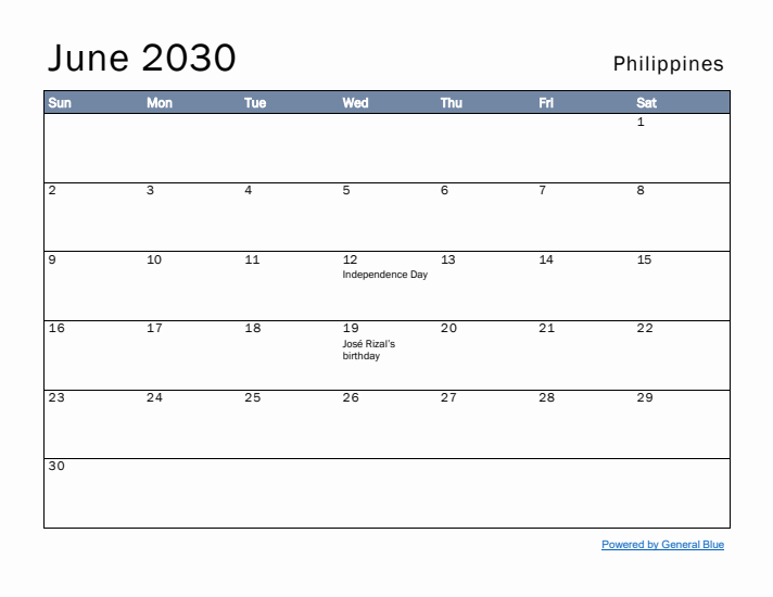 June 2030 Simple Monthly Calendar for Philippines