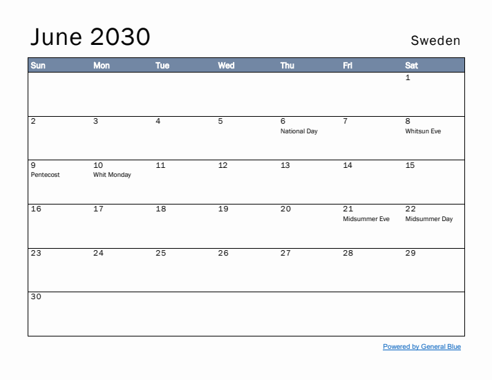 June 2030 Simple Monthly Calendar for Sweden