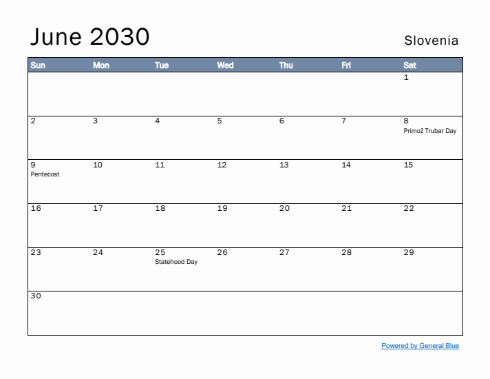 June 2030 Simple Monthly Calendar for Slovenia