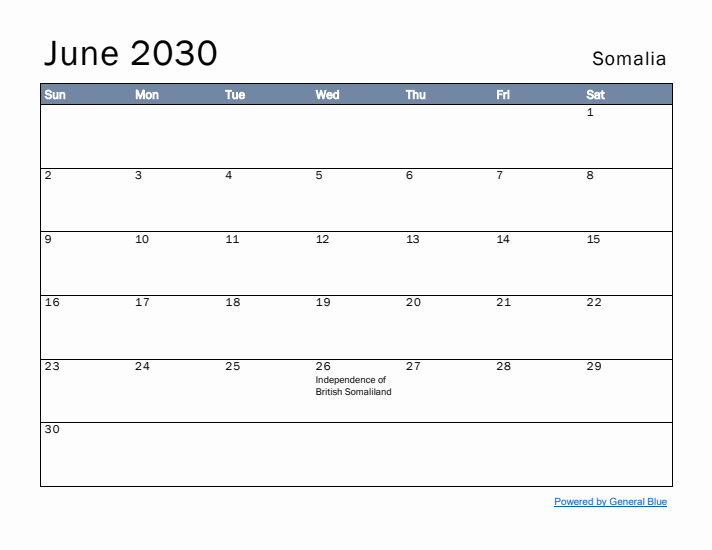 June 2030 Simple Monthly Calendar for Somalia