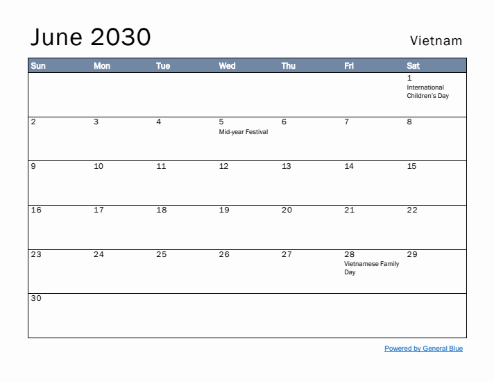 June 2030 Simple Monthly Calendar for Vietnam