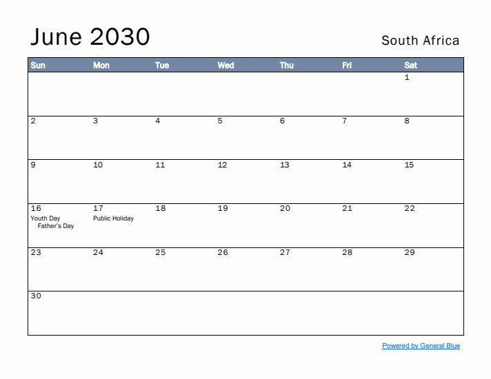 June 2030 Simple Monthly Calendar for South Africa