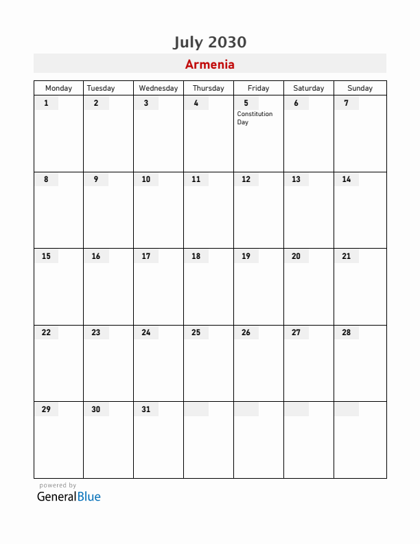 Armenia July 2030 Calendar with Holidays