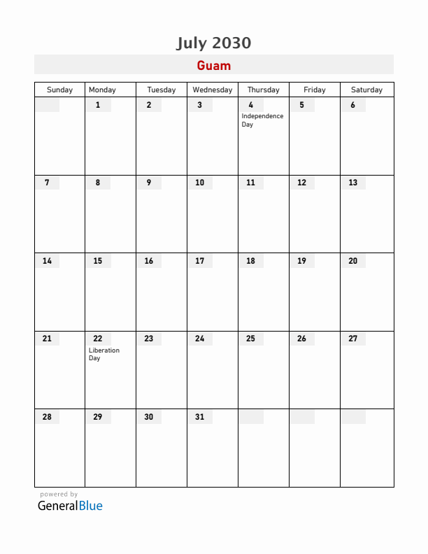 Guam July 2030 Calendar with Holidays