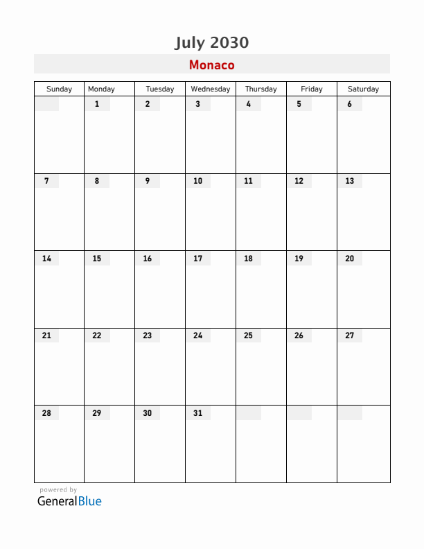 Monaco July 2030 Calendar with Holidays