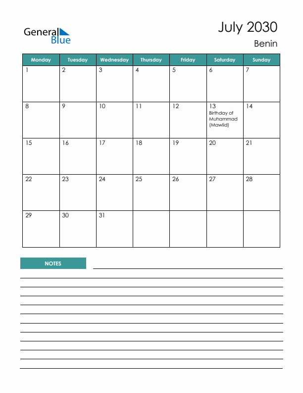 Calendar with Notes Printable - Monday Start