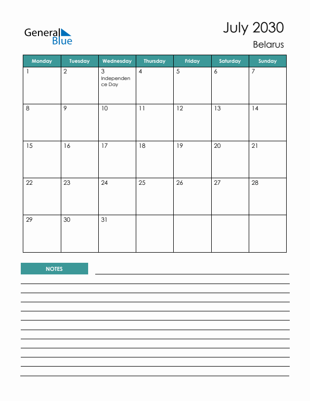 Calendar with Notes Printable - Monday Start