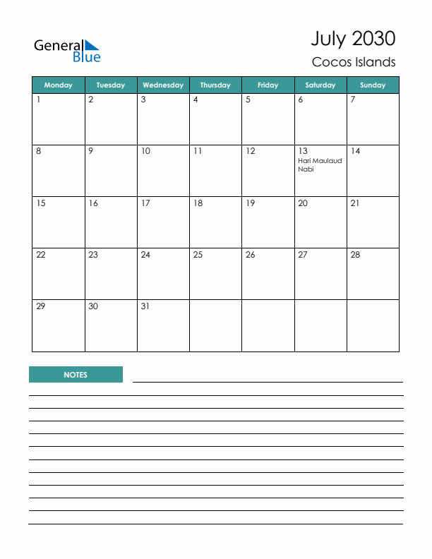 Calendar with Notes Printable - Monday Start