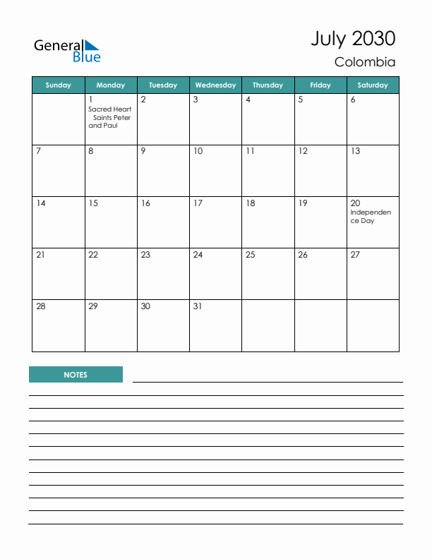 Calendar with Notes Printable - Sunday Start