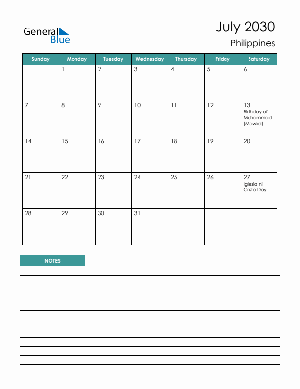 Calendar with Notes Printable - Sunday Start