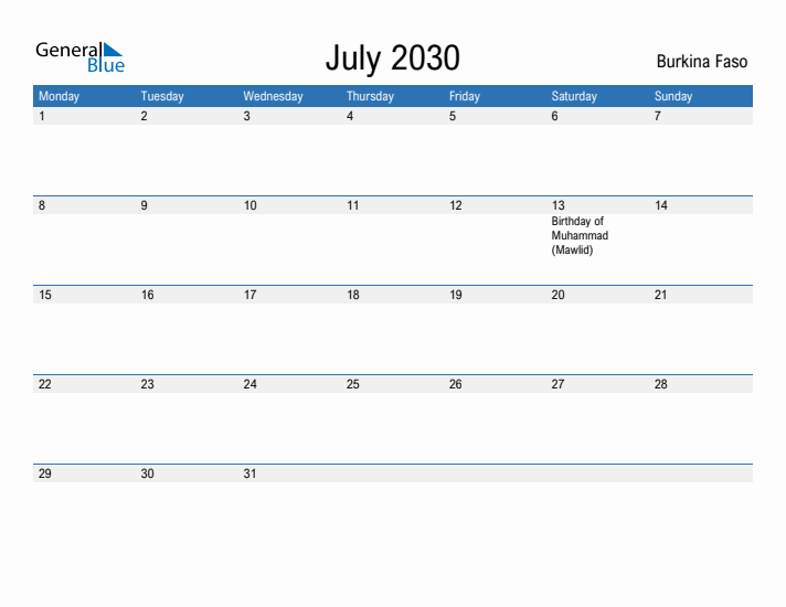 Fillable July 2030 Calendar