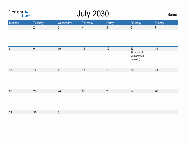 Fillable July 2030 Calendar