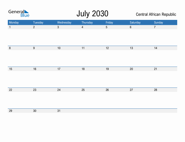 Fillable July 2030 Calendar