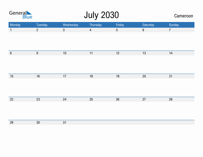 Fillable July 2030 Calendar