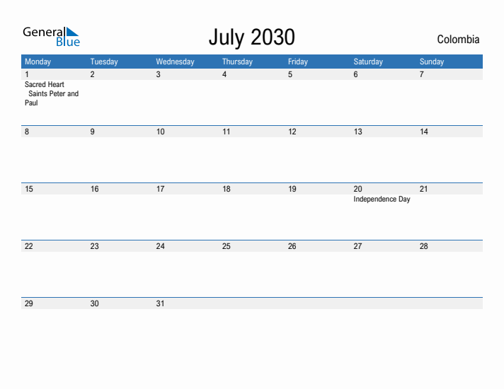 Fillable July 2030 Calendar