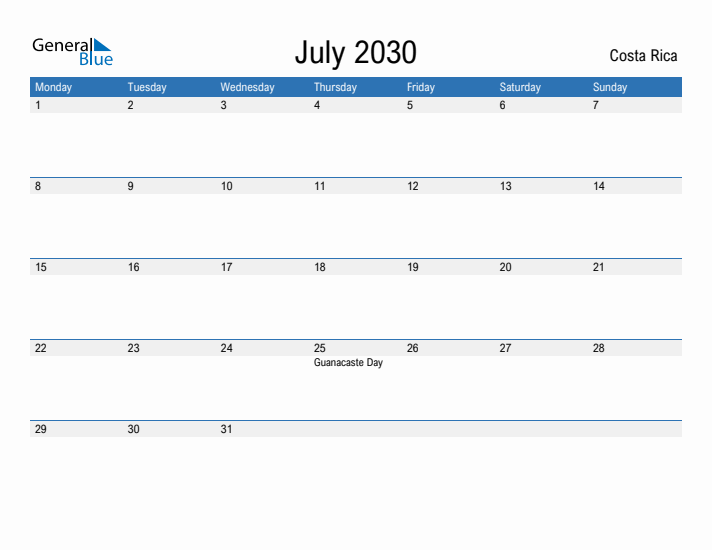 Fillable July 2030 Calendar