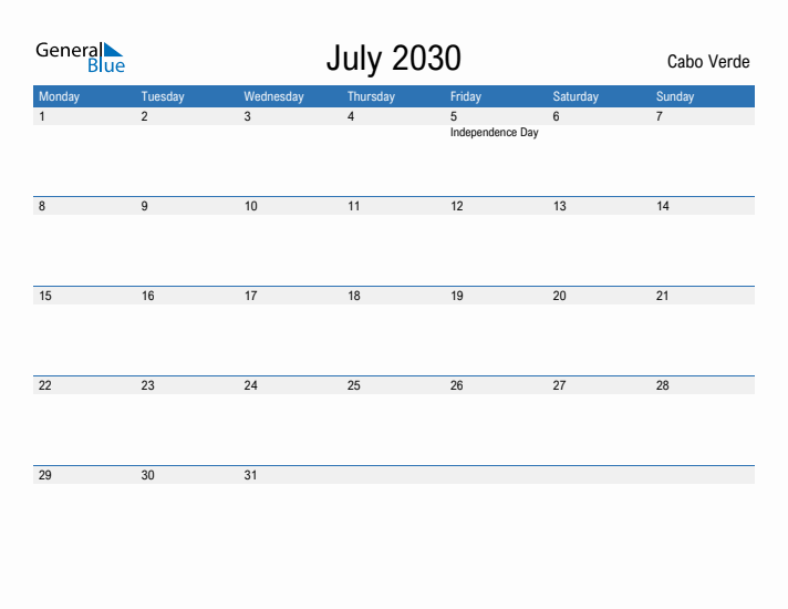 Fillable July 2030 Calendar