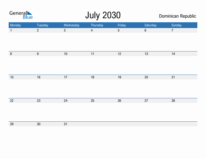 Fillable July 2030 Calendar