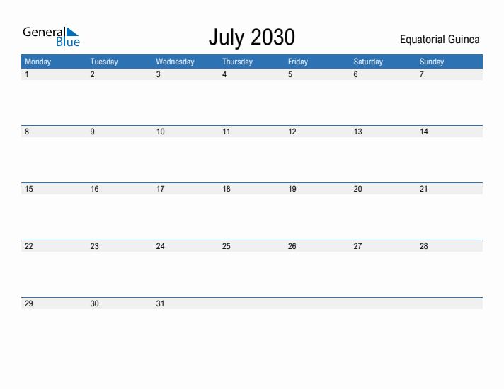 Fillable July 2030 Calendar