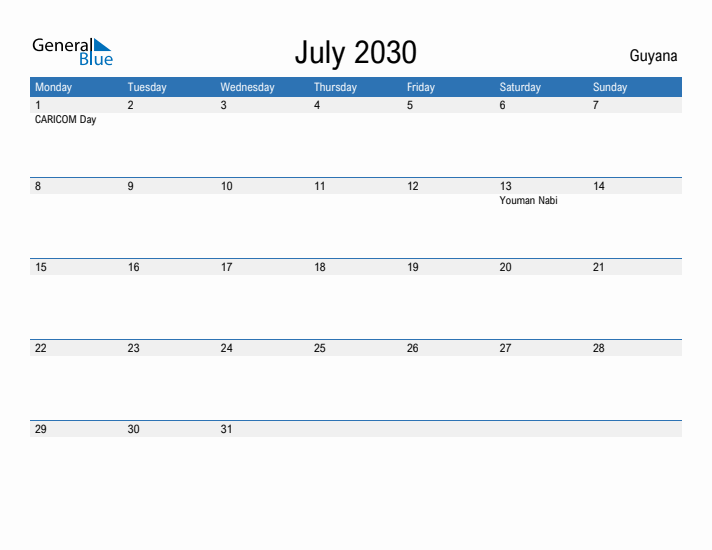 Fillable July 2030 Calendar