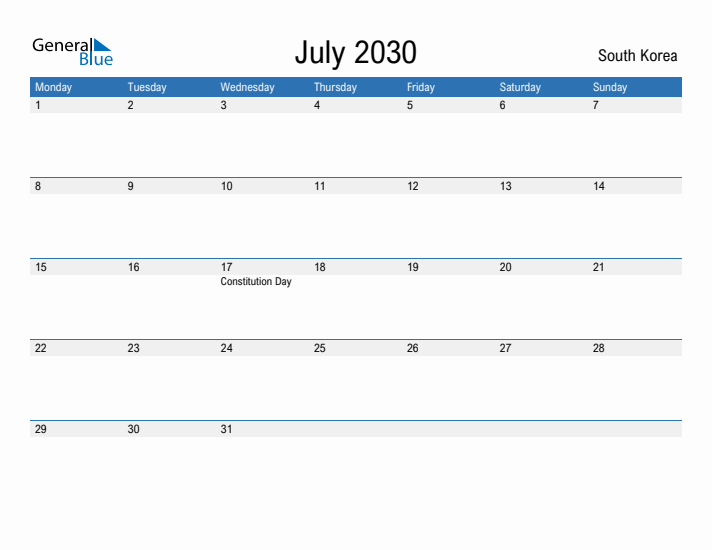 Fillable July 2030 Calendar