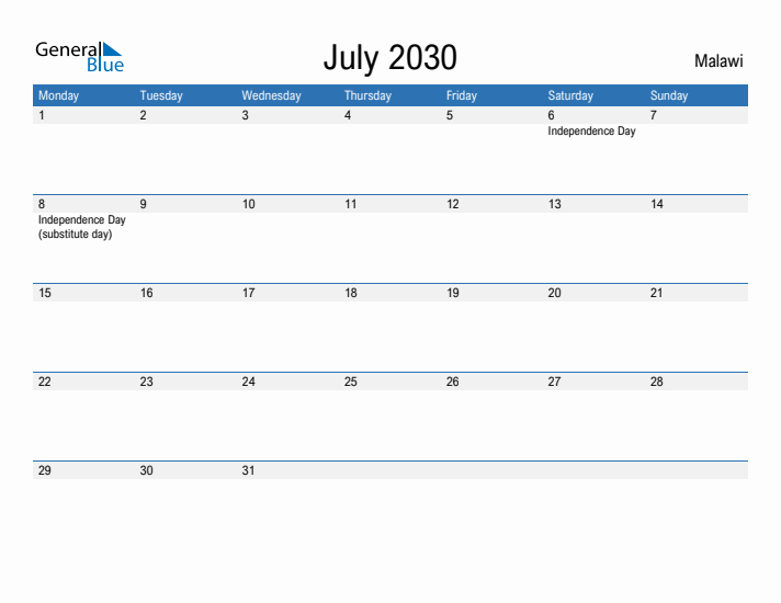 Fillable July 2030 Calendar