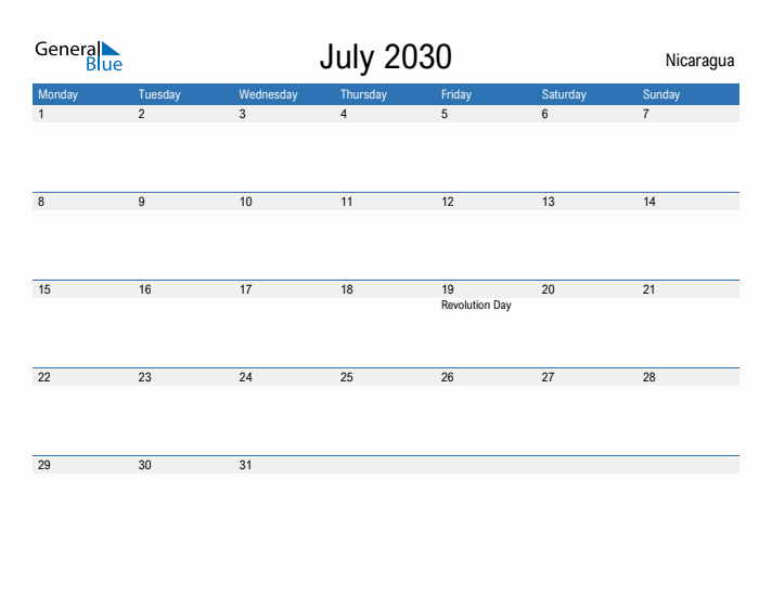 Fillable July 2030 Calendar