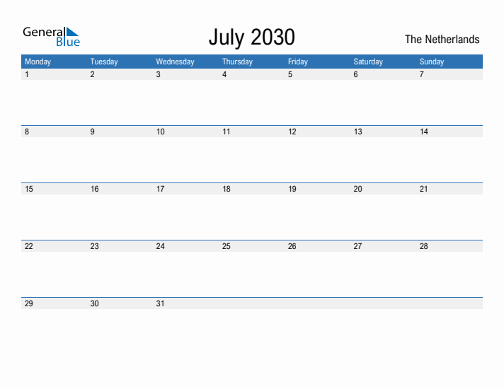 Fillable July 2030 Calendar