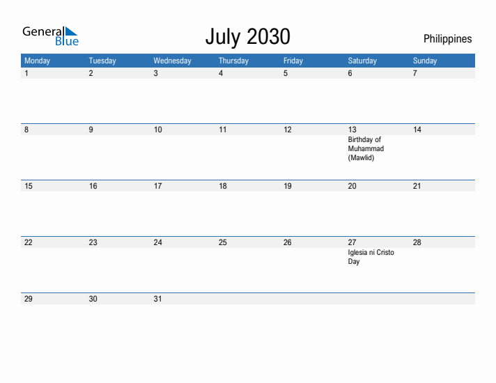 Fillable July 2030 Calendar