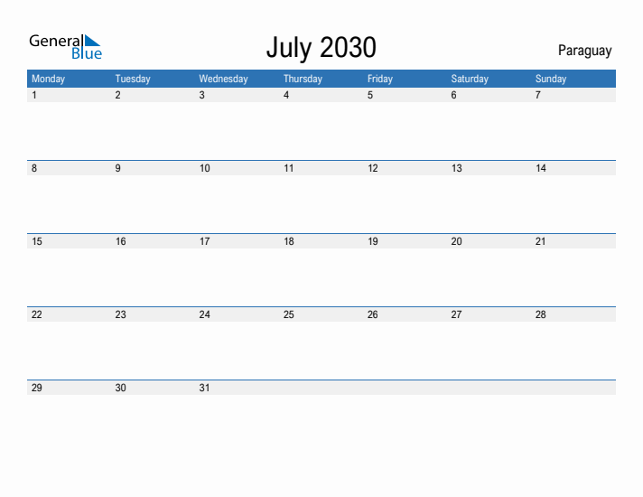 Fillable July 2030 Calendar