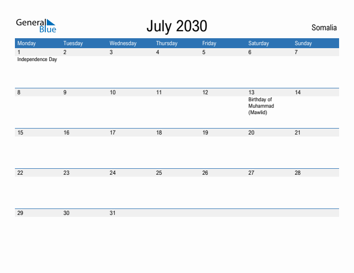 Fillable July 2030 Calendar