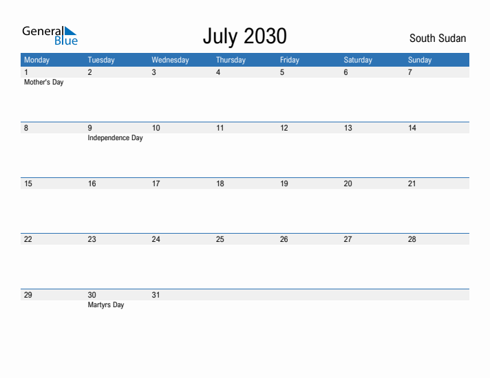 Fillable July 2030 Calendar