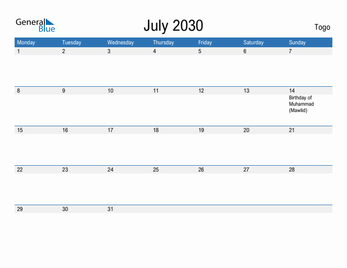 Fillable July 2030 Calendar