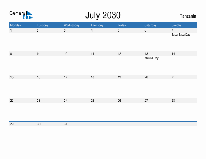 Fillable July 2030 Calendar