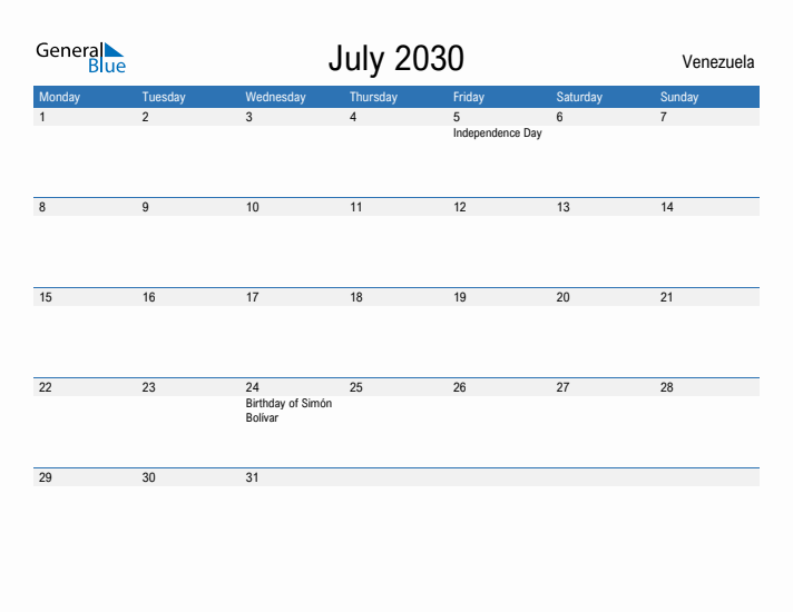 Fillable July 2030 Calendar