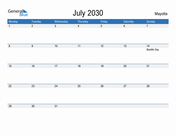 Fillable July 2030 Calendar