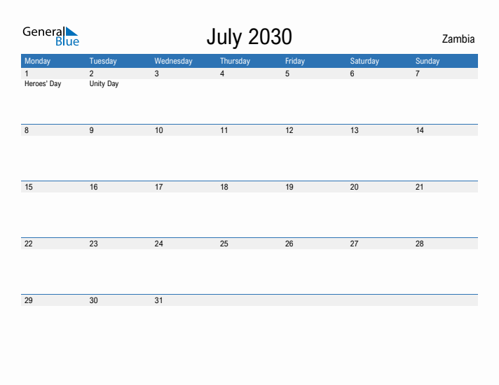 Fillable July 2030 Calendar