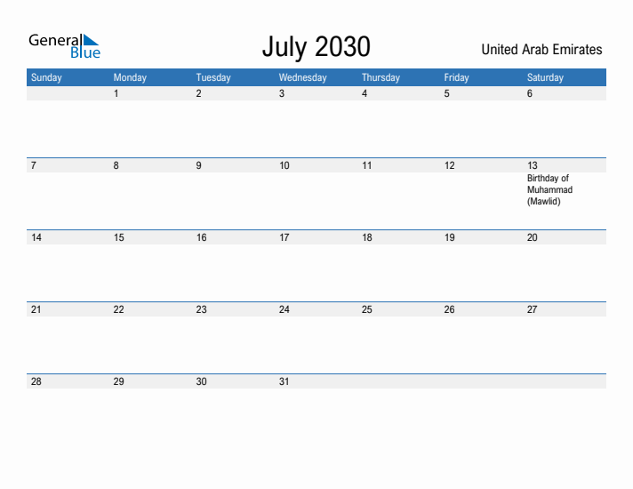 Fillable July 2030 Calendar