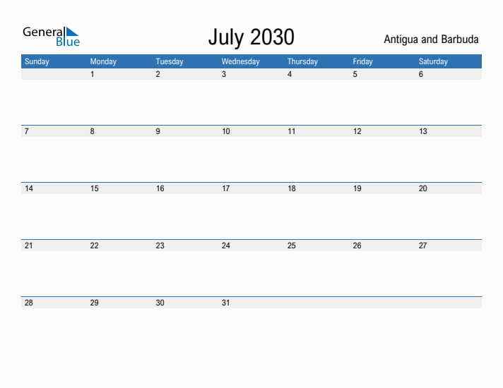 Fillable July 2030 Calendar