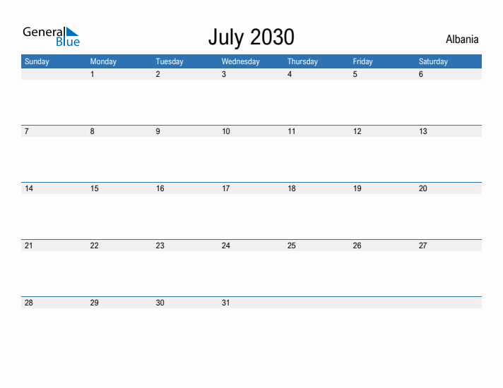 Fillable July 2030 Calendar