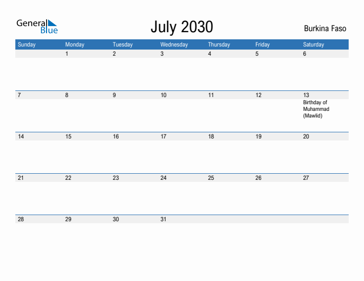 Fillable July 2030 Calendar