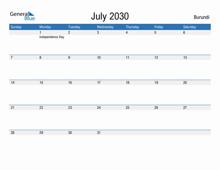 Fillable July 2030 Calendar