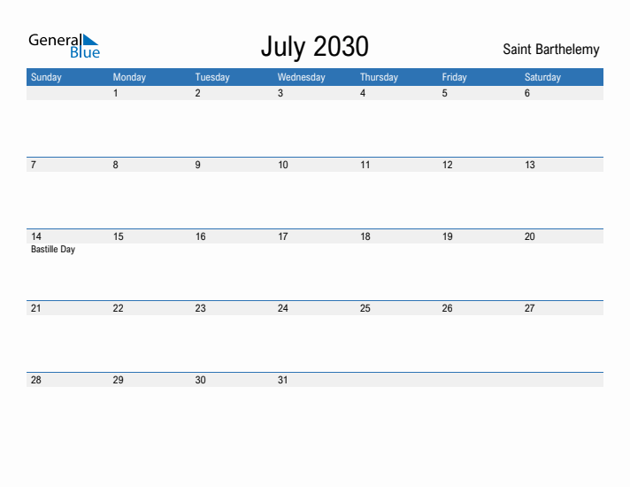 Fillable July 2030 Calendar