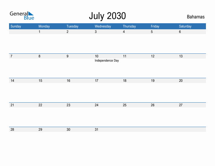 Fillable July 2030 Calendar