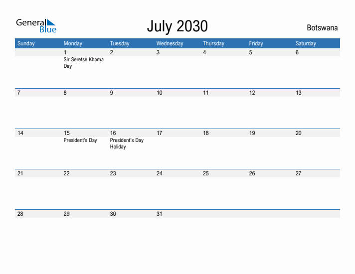 Fillable July 2030 Calendar