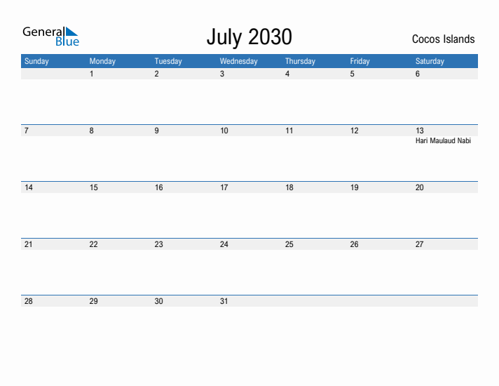 Fillable July 2030 Calendar