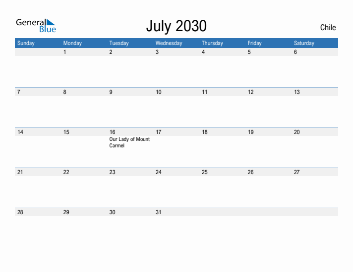 Fillable July 2030 Calendar